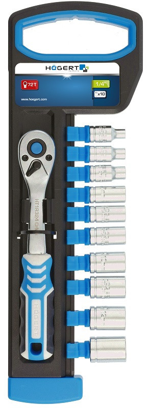 Набор торцевых головок 10 шт. с трещоткой 1/4", 72 зубца HOEGERT HT1R334