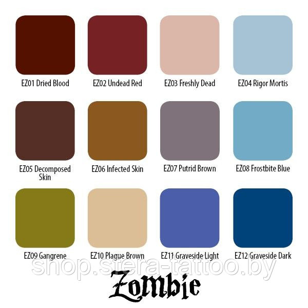 Набор пигмента для тату от Eternal "Ink ZOMBIE Tattoo Color Set" 1 унция (12 цветов) - фото 1 - id-p112996812