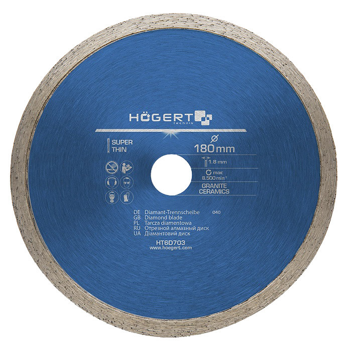 Диск отрезной алмазный, сплошная кромка 180 х 1,8 х 25,4 мм HOEGERT HT6D703