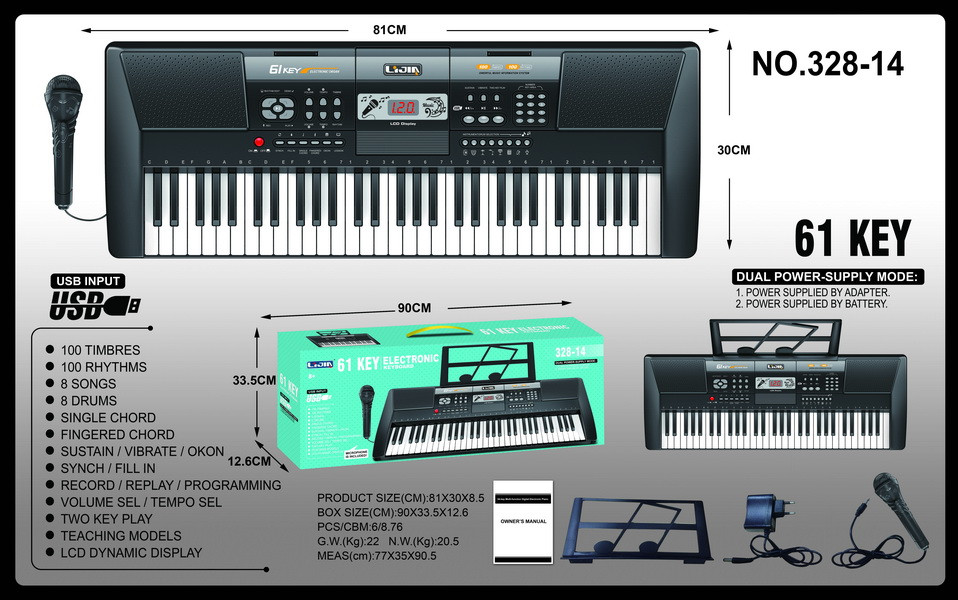Детский синтезатор пианино LIJIN 328-14 с USB-портом и микрофоном от сети и на батарейках - фото 1 - id-p90046063