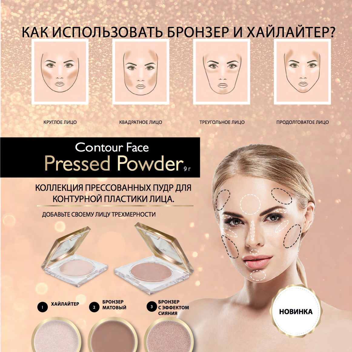 Бронзер (матовый и с эффектом сияния) Lambre CONTOUR FACE ( № 2, № 3) - фото 3 - id-p113160088