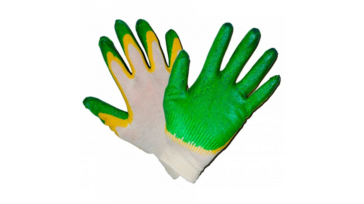 Перчатки трикотажные рабочие х/б с двойным латексным обливом, цвет зеленый(работаем с юр лицами и ИП)