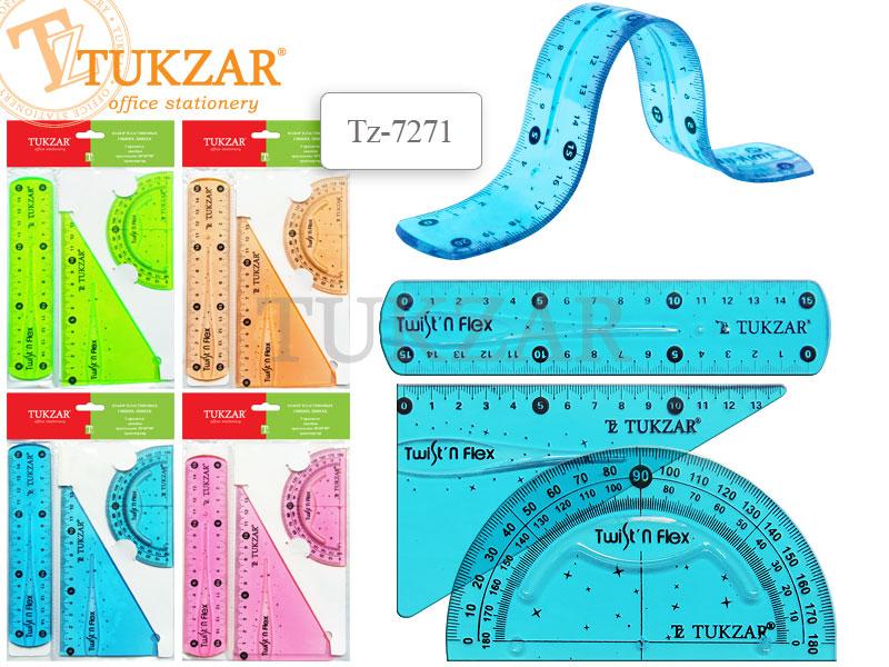 Набор пластиковых гибких линеек, 3 шт: линейка 15 см, треуголик 30х60х90, транспортир. 4 цвета в