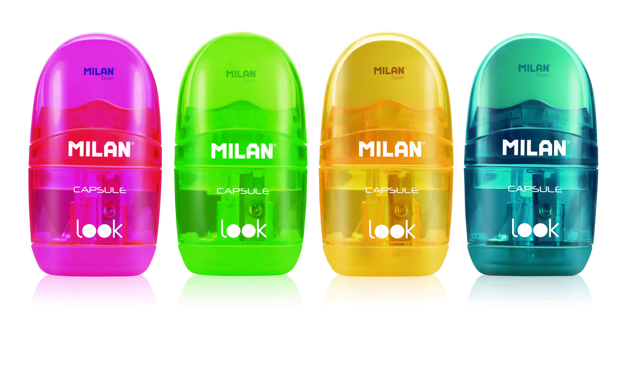 Точилка пластиковая с ластиком Milan "Capsule Look", 1 отверстие, контейнер, ассорти, арт. 4712116(работаем с