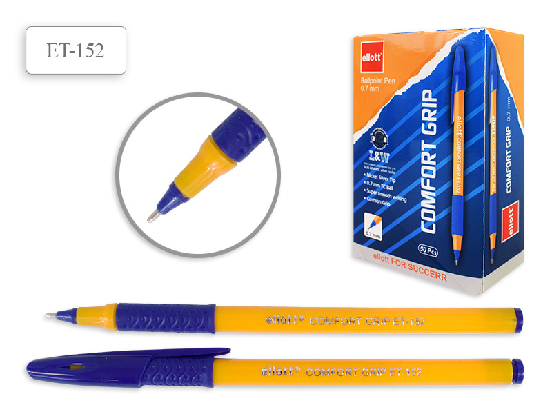 Ручка шариковая, цвет чернил - СИНИЙ,0,7 мм, оранжевый корпус с резиновым держателем, арт. ET 152(работаем с
