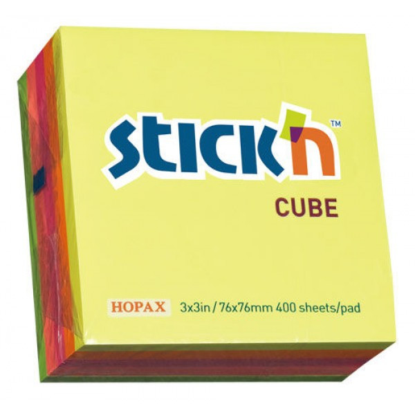 Блок самоклеящийся бумажный Stick`n 21012 76x76мм 400лист. 70г/м2 неон 5цв.в упак.
