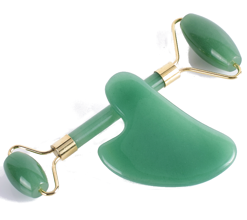 Скребок + ролик для массажа Гуаша нефритовый (Набор 2 в 1) Цвет зеленый в подарочной коробке - фото 1 - id-p113607788