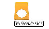 Шильдик желтый M22-XZK-GB99 для кнопок аварийного останова, надпись "EMERGENCY STOP", 50х33мм