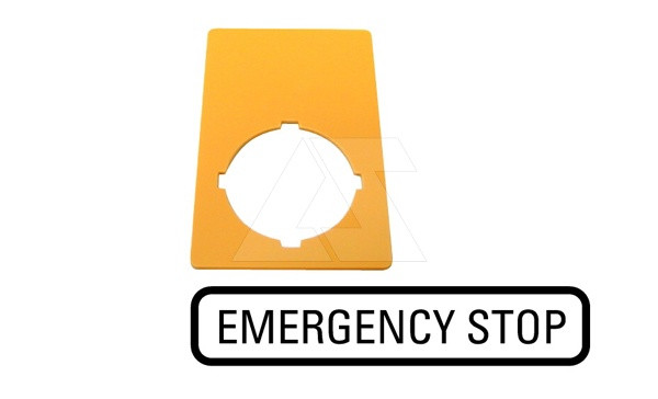 Шильдик желтый M22-XZK-GB99 для кнопок аварийного останова, надпись "EMERGENCY STOP", 50х33мм - фото 1 - id-p113736571