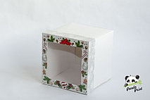 Коробка с прозрачным окном 100х100х95 Новогодняя (белое дно)
