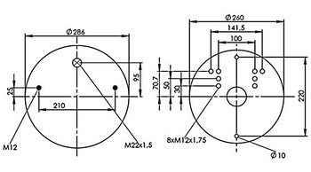 Пневморессора (0283) со стаканом WBR 00283-1K (верх 2шп. М12,, штуц.М22х1,5. низ 8 отв.М12х1,