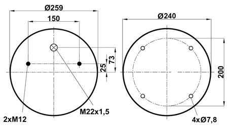 Пневморессора (4022) со стаканом WBR 04022-3KPP (верх 2 шп.M12смещ.25. отв-штуц.M22х1,5. низ 4отв.d - фото 1 - id-p113943136
