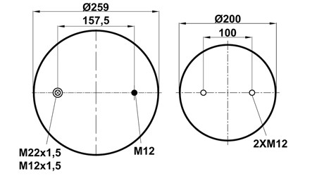 Пневморессора (4157) со стаканом WBR 04157-5KPP (верх 1шп.M12, шп-штуц.M22х1,5/M12х1,5 низ 2отв.M12
