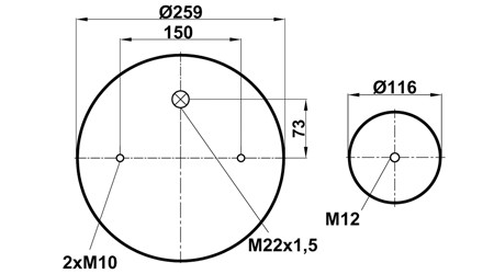Пневморессора (4158) без стакана WBR 04158-2M (верх 2 отв.M10. отв-штуц.M22х1,5. низ 1xM12)
