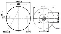 Пневморессора (725) со стаканом 90725K03 (верх 2шп.М12, отв.штуц.М22х1,5. низ 4хМ16)