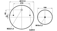 Пневморессора (881) без стакана WBR 0881-M (верх 2шп.M12смещ.25. штуц.M22х1,5. низ 1шп.M16х1,5)