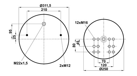 Пневморессора (941) со стаканом 90942K01 (верх 2шп.М12, отв.штуц.М22х1,5. низ 12хМ16) - фото 1 - id-p113943216