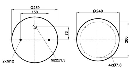 Пневморессора (4004) со стаканом 344004-3CPL ( верх 2шп.M12. отв-штуц.M22х1,5. низ 4отв.d 7,8) - фото 1 - id-p113943235