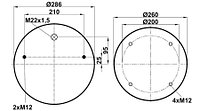 Пневморессора (4023) со стаканом 344023-3C (верх 2шп. М12, отв.-штуц. М22х1,5. низ 4 отв