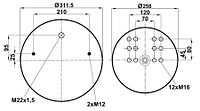 Пневморессора (4881) со стаканом 344881-1C (верх 2шп.M12смещ.25. штуц.M22х1,5. низ 8отв.M16)
