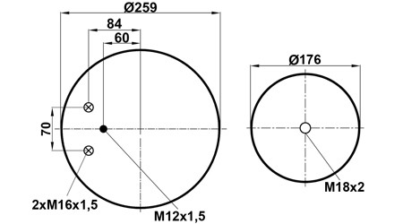 Пневморессора (4882) со стаканом 344882-5C ( верх 2штуц.M16х1,5 смещ.84,1шп.M12х1,5 низ отв М18х2) - фото 1 - id-p113943277