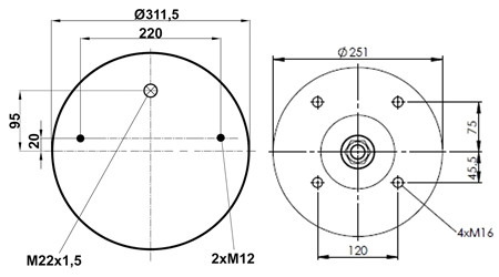 Пневморессора (725) со стаканом 34725-3C (верх 2шп.М12, отв.штуц.М22х1,5. низ 4хМ16) - фото 1 - id-p113943298