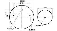 Пневморессора (881) без стакана 34881-S (верх 2шп.M12смещ.25. штуц.M22х1,5. низ 1шп.M16х1,5)