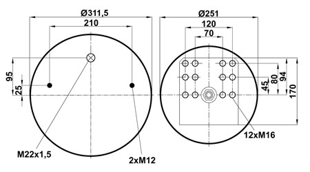 Пневморессора (881) со стаканом 34881-CPL (верх 2шп.M12смещ.25. отв-штуц.M22х1,5. низ 12 отв.М16) - фото 1 - id-p113943321