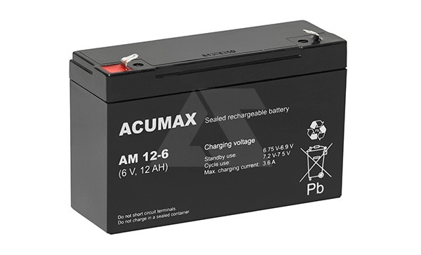 Батарея аккумуляторная Acumax AM12-6, T1, 6V/12Ah, 94(100)x151x51 HxLxW, 1.8kg, 6-9 лет - фото 1 - id-p114175851