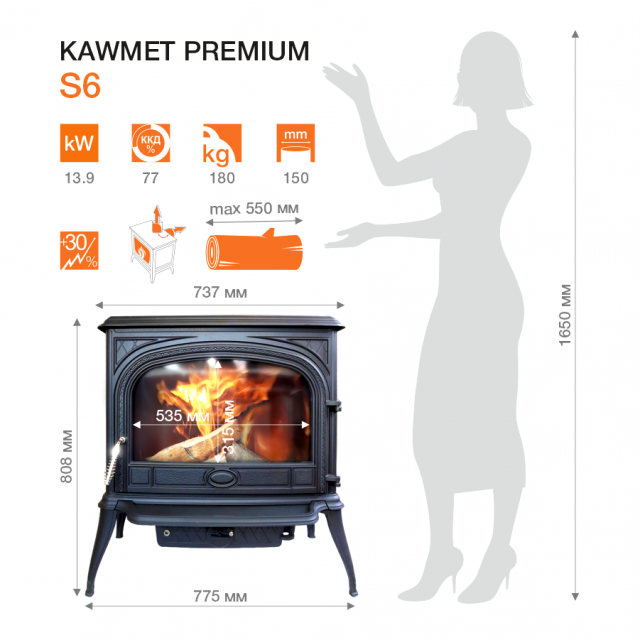 Чугунная печь Kawmet Premium S6 13,9кВт - фото 3 - id-p114315263