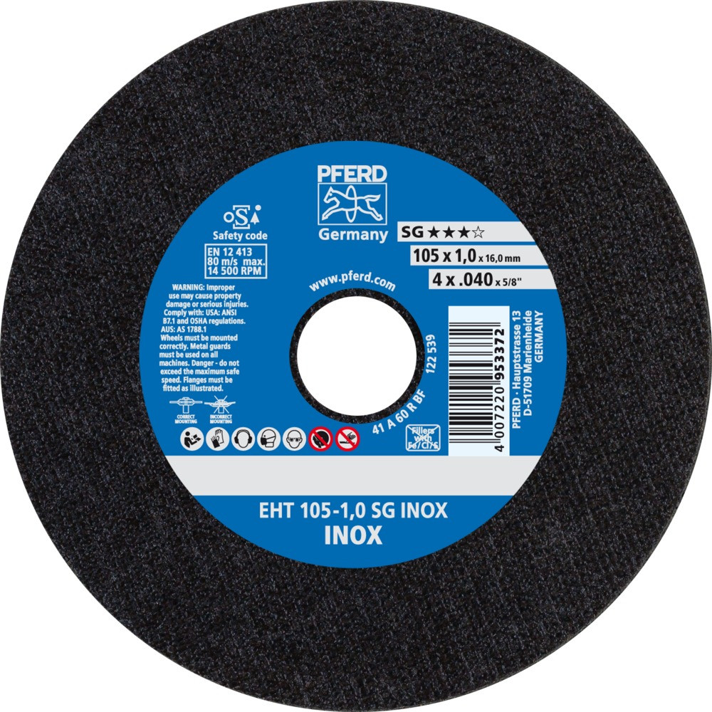 Круг (диск) отрезной 105 мм толщина 1,0 мм по нержавеющей стали, EHT 105-1,0 SG INOX, Pferd, фото 1
