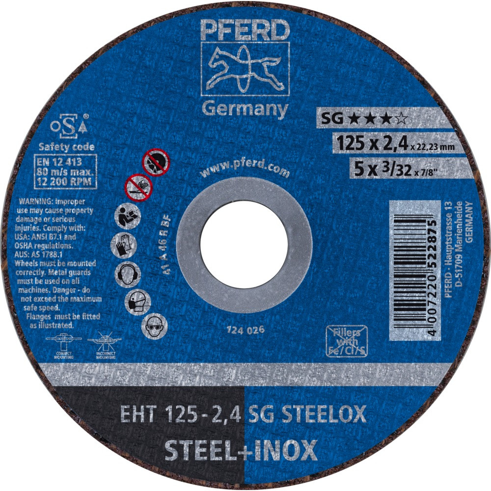Круг (диск) отрезной 125 мм толщина 2,4 мм по стали и нержавеющей стали, EHT 125-2,4 SG STEELOX, Pferd