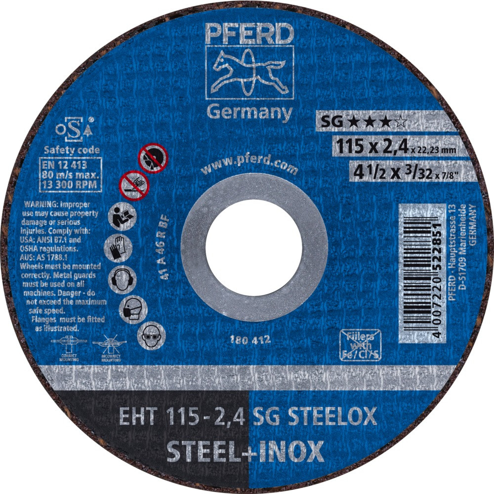 Круг (диск) отрезной 115 мм толщина 2,4 мм по стали и нержавеющей стали, EHT 115-2,4 SG STEELOX, Pferd, фото 1