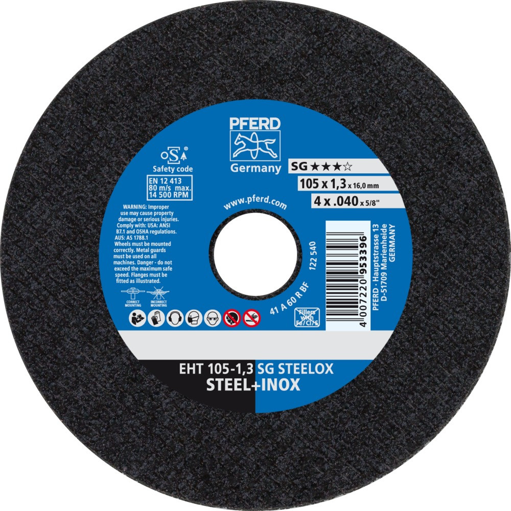 Круг (диск) отрезной 105 мм толщина 1,3 мм по стали и нержавеющей стали, EHT 105-1,3 SG STEELOX, Pferd, фото 1