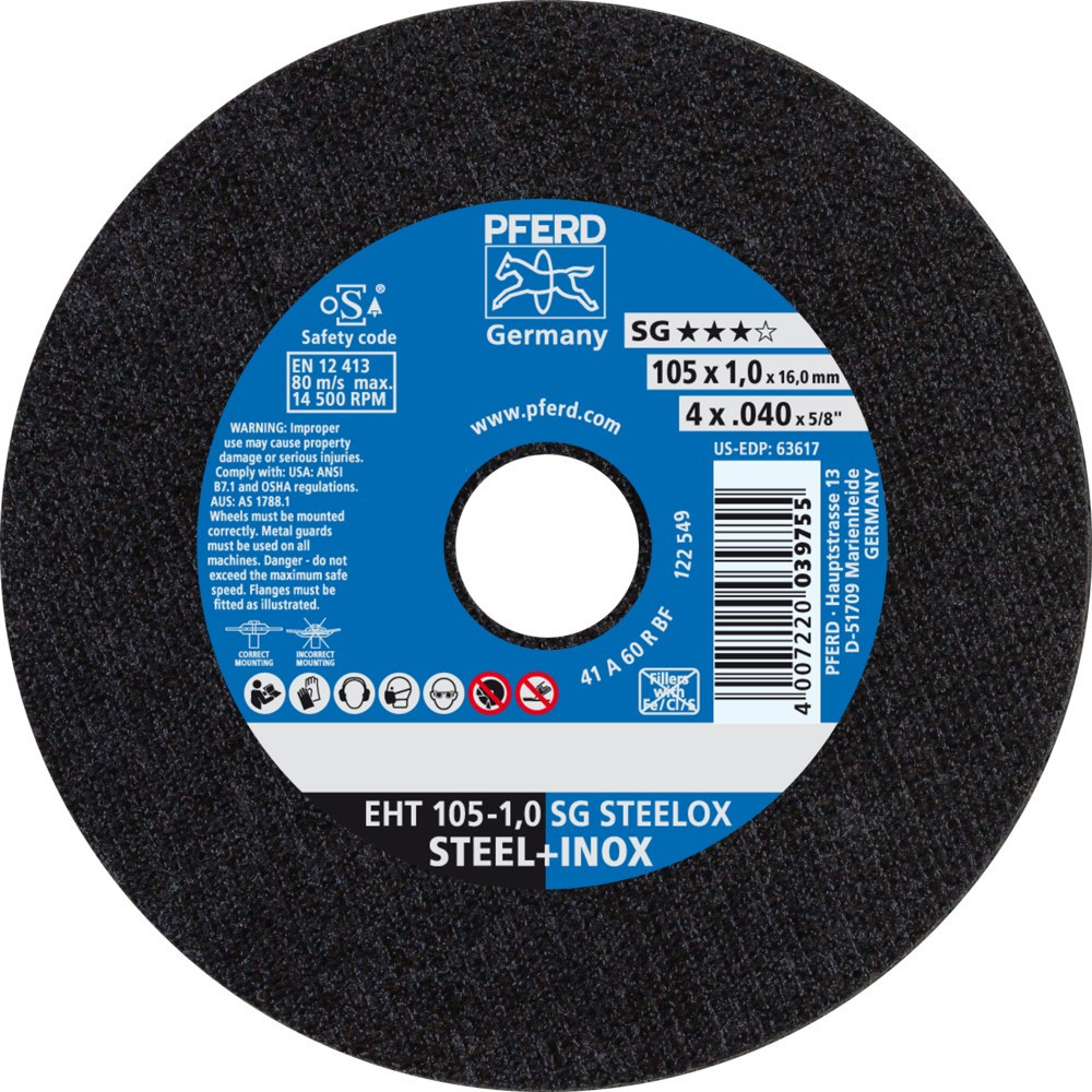 Круг (диск) отрезной 105 мм толщина 1,0 мм по стали и нержавеющей стали, EHT 105-1 SG STEELOX, Pferd, фото 1