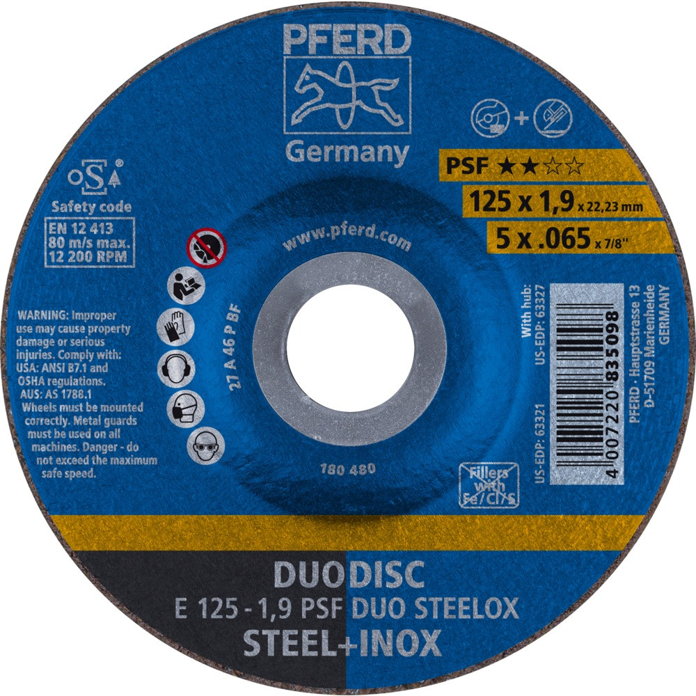Круг (диск) отрезной комбинированный 125 мм по стали и нержавеющей стали, E 125-1,9 PSF DUO STEELOX, Pferd