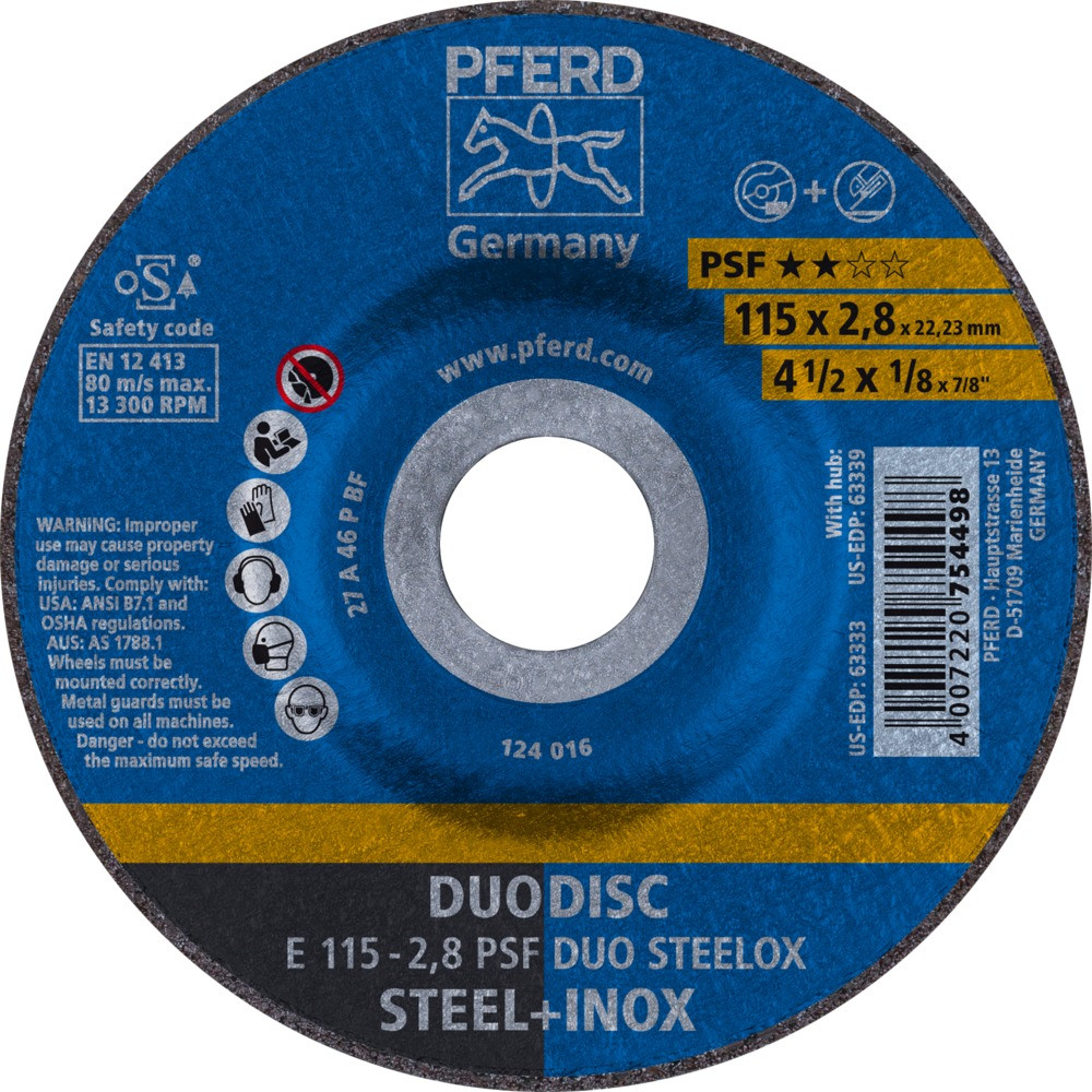 Круг (диск) отрезной комбинированный 115 мм по стали и нержавеющей стали, E 115-2,8 PSF DUO STEELOX, Pferd
