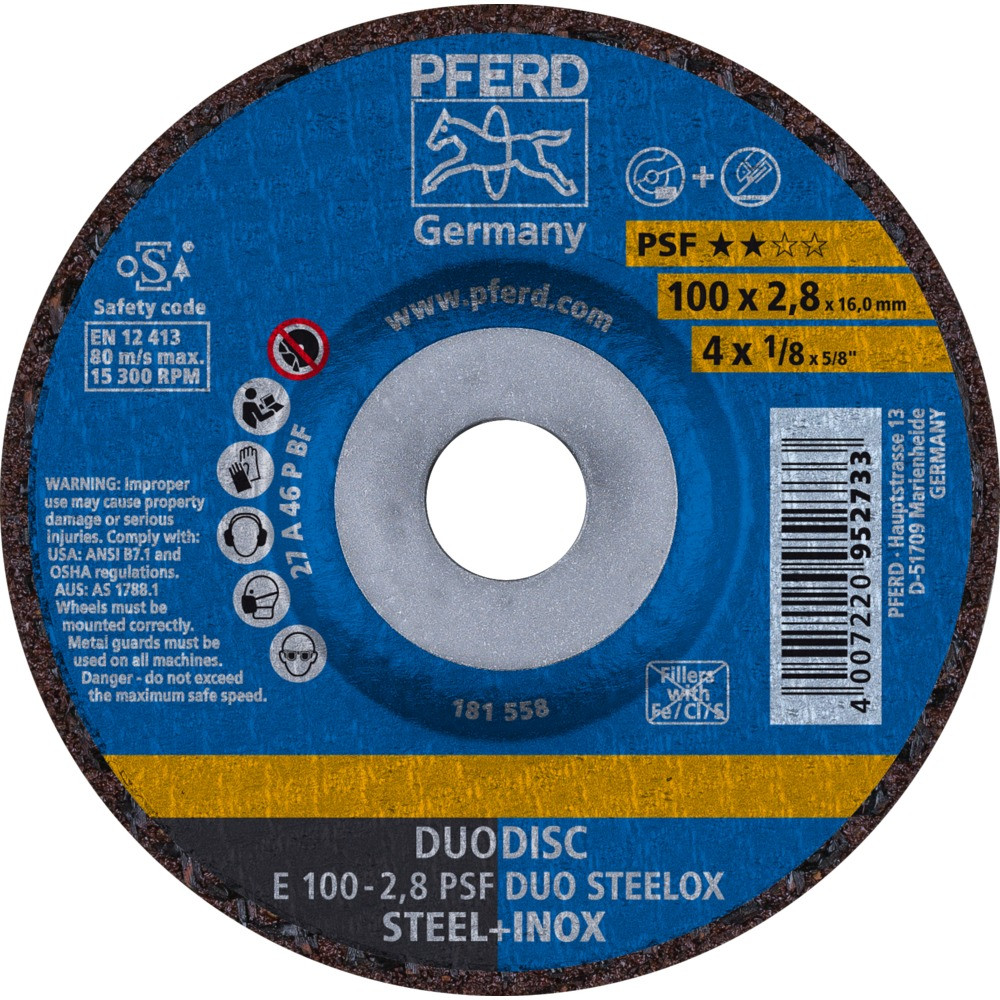 Круг (диск) отрезной комбинированный 100 мм по стали и нержавеющей стали, E 100-2,8 PSF DUO STEELOX, Pferd