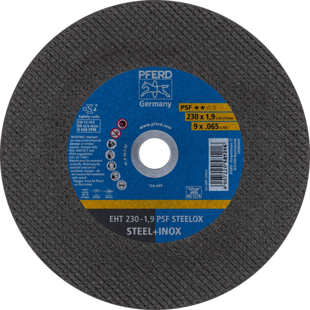 Круг (диск) отрезной 230 мм толщина 1,9 мм по стали и нержавеющей стали, EHT 230-1,9 PSF STEELOX, Pferd