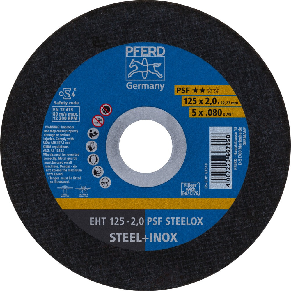 Круг (диск) отрезной 125 мм толщина 2,0 мм по стали и нержавеющей стали, EHT 125-2 PSF STEELOX, Pferd