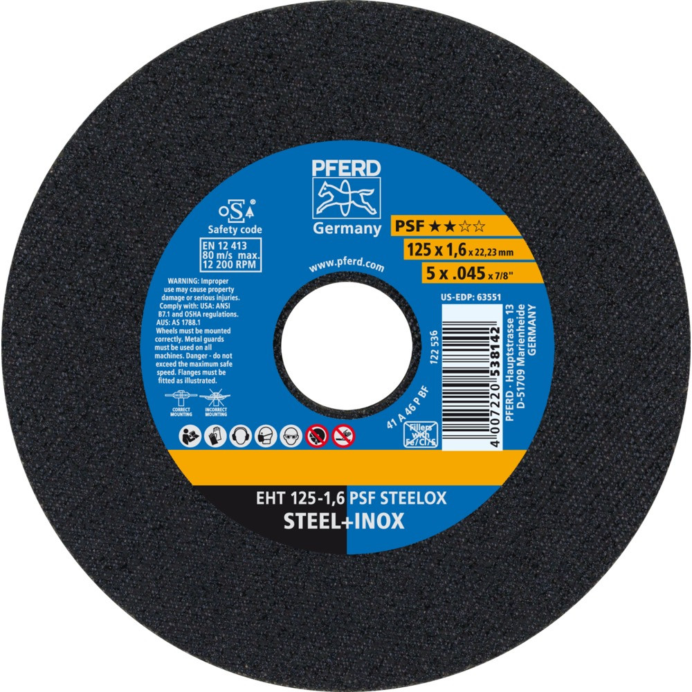 Круг (диск) отрезной 125 мм толщина 1,6 мм по стали и нержавеющей стали, EHT 125-1,6 PSF STEELOX, Pferd