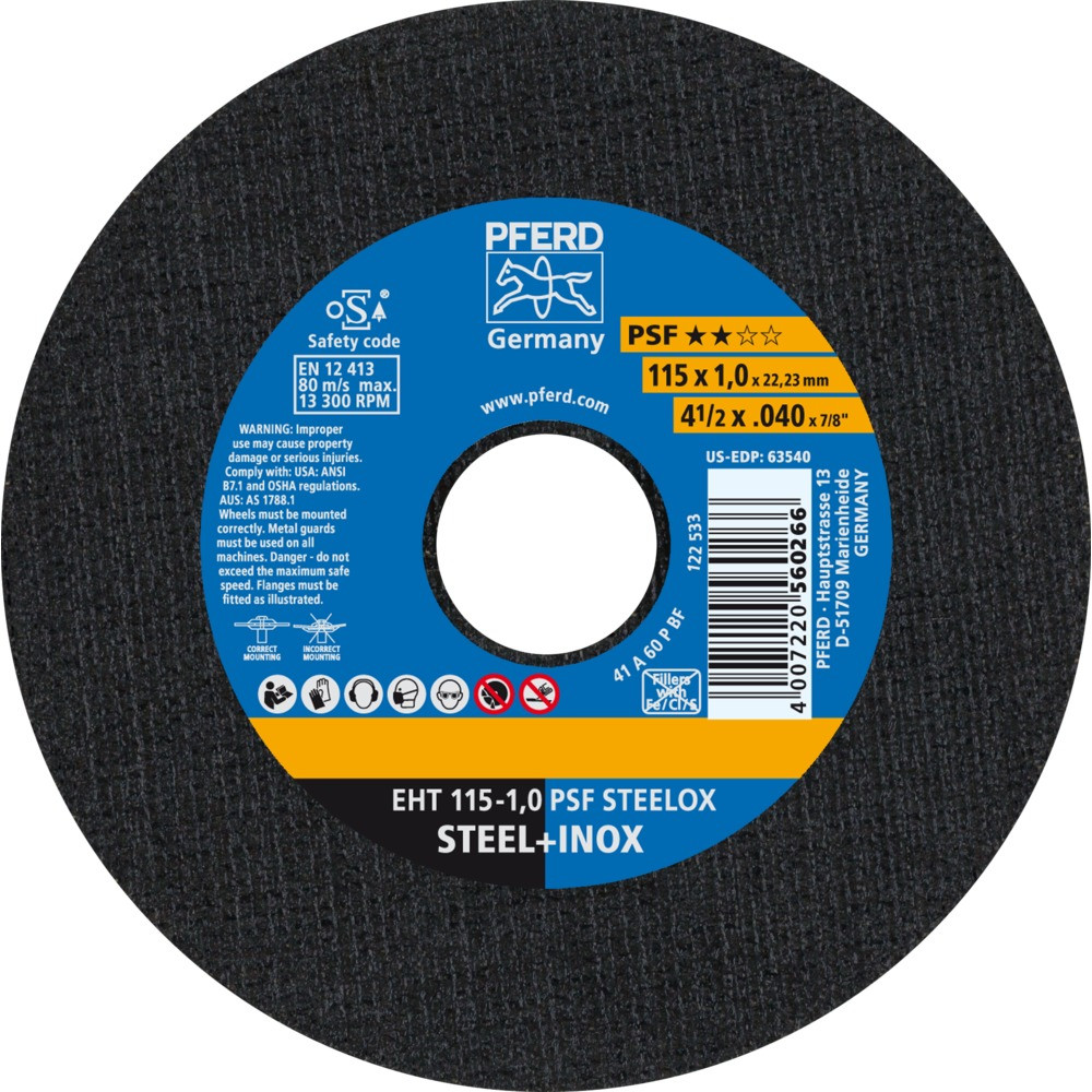 Круг (диск) отрезной 115 мм толщина 1,0 мм по стали и нержавеющей стали, EHT 115-1 PSF STEELOX, Pferd, фото 1