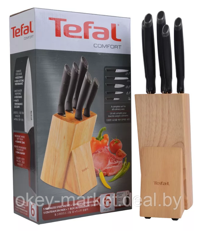 Набор кухонных ножей Tefal Comfort с подставкой 6 предметов - фото 5 - id-p114635002