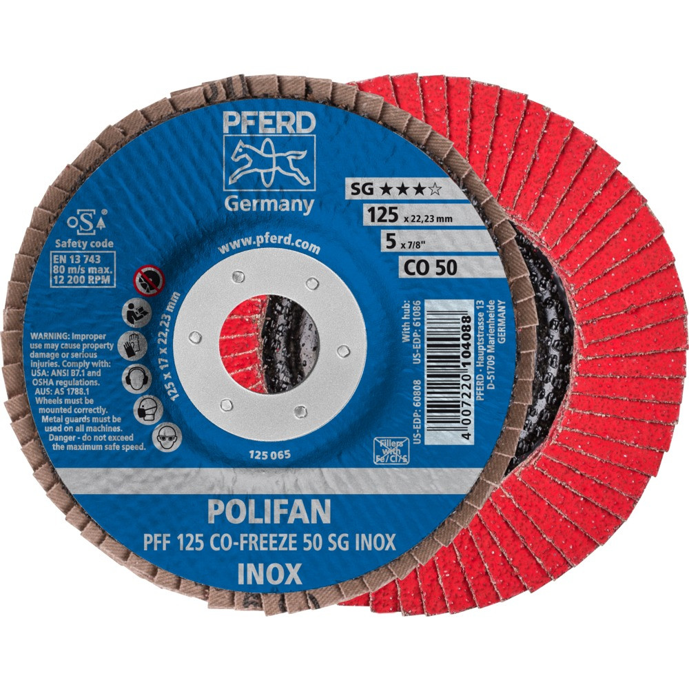 Круг (диск) шлифовальный торцевой лепестковый 125 мм POLIFAN PFF 125 CO-FREEZE 50 SG INOX, Pferd, Германия - фото 2 - id-p114880827