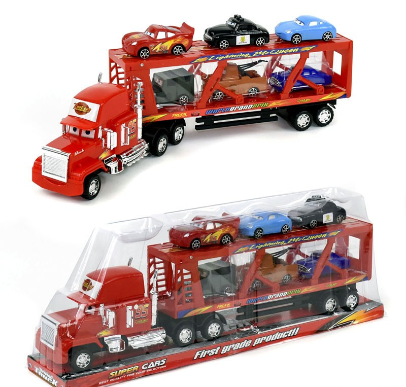 Детская игрушка трейлер инерционный с 6 машинками Тачки и откидным бортом. Цвет красный. Арт.919-87