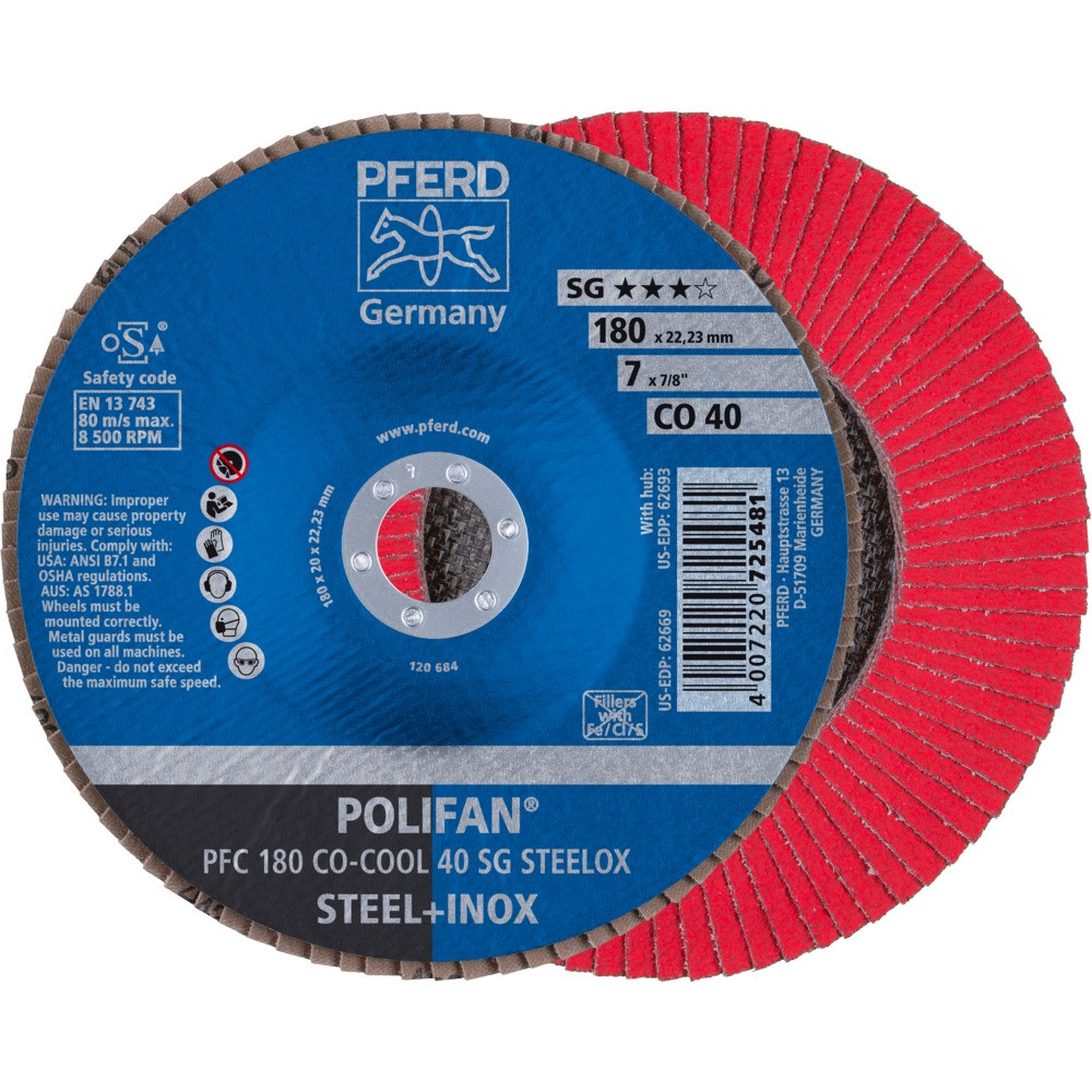 Круг (диск) шлифовальный торцевой лепестковый 180 мм POLIFAN PFC 180 CO-COOL 40 SG STEELOX, Pferd, Германия