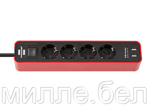 Удлинитель 1.5м (4 роз., 3.3кВт, с/з, 2 USB порта, выкл., ПВС) черный/красный Brennenstuhl Eco-Line (провод