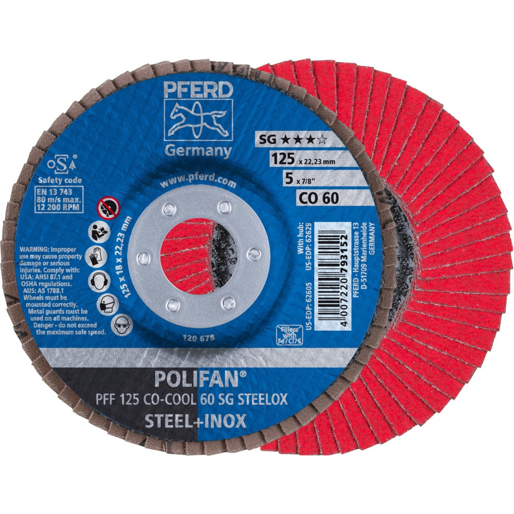 Круг (диск) шлифовальный торцевой лепестковый 125 мм POLIFAN PFF 125 CO-COOL 60 SG STEELOX, Pferd, Германия