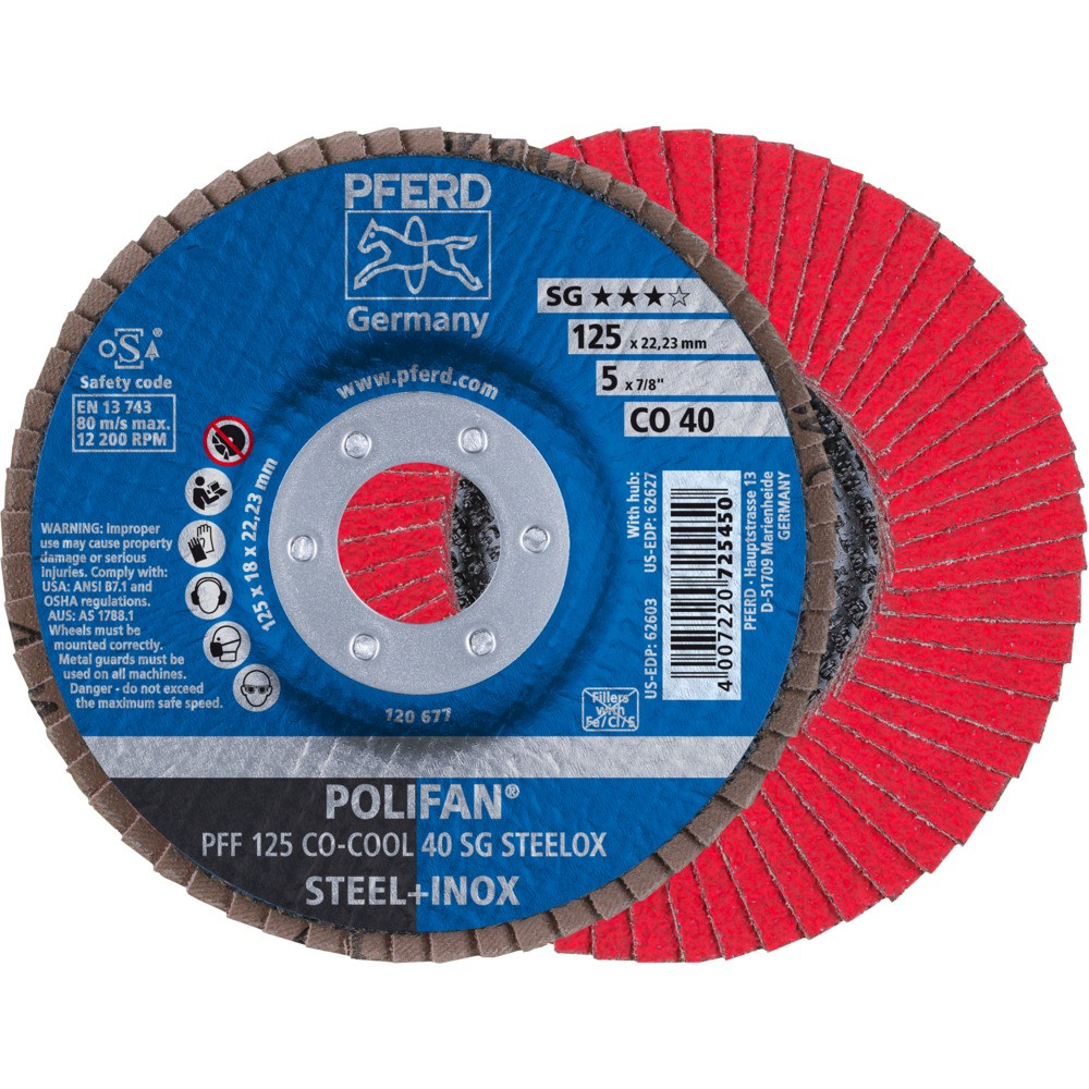 Круг (диск) шлифовальный торцевой лепестковый 125 мм POLIFAN PFF 125 CO-COOL 40 SG STEELOX, Pferd, Германия