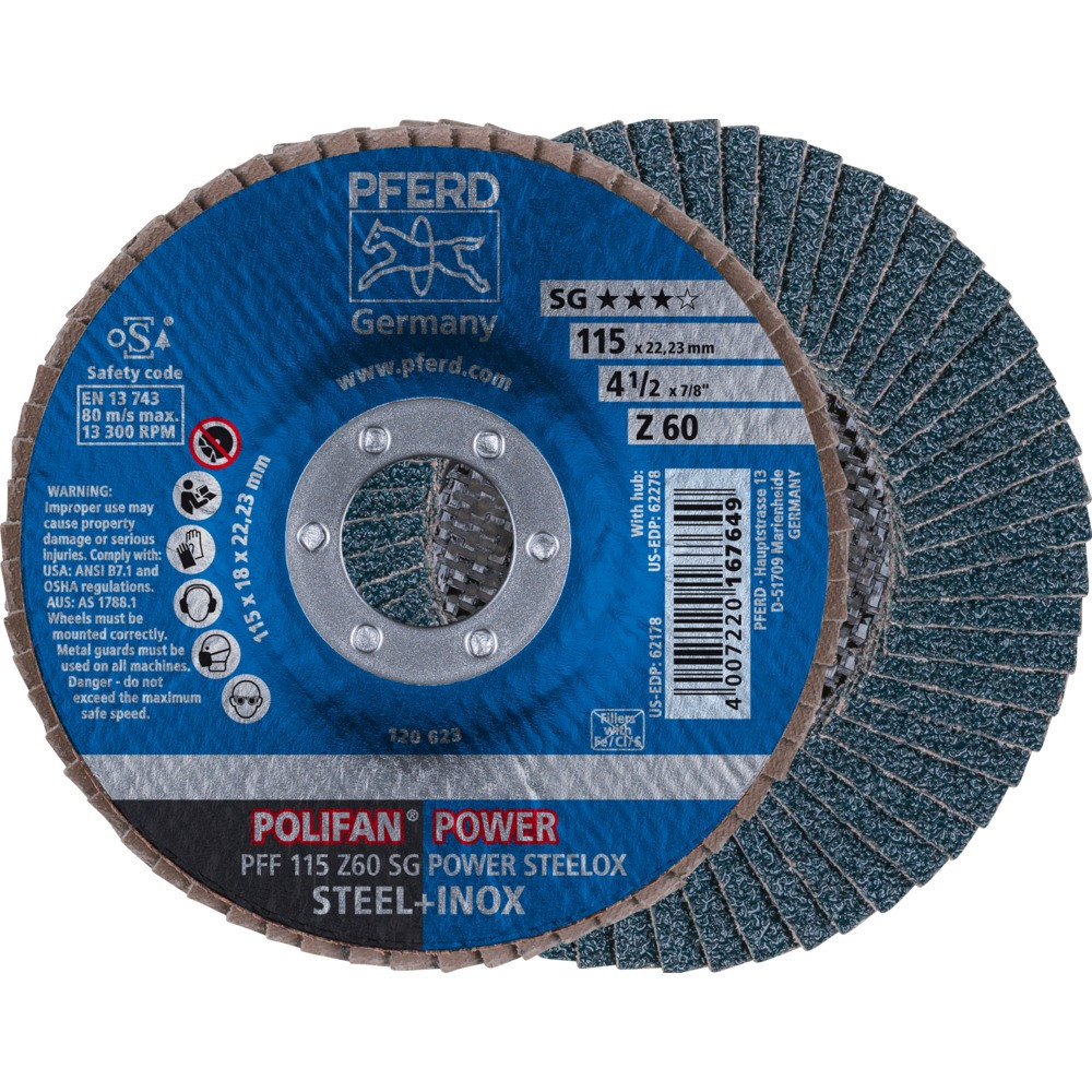 Круг (диск) шлифовальный торцевой лепестковый 115 мм POLIFAN PFF 115 Z60 SG POWER STEELOX, Pferd, Германия